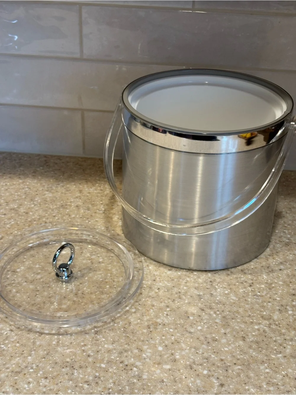 Vintage Georges Briard USA Brushed Aluminum Ice Bucket Lucite Handle MCM